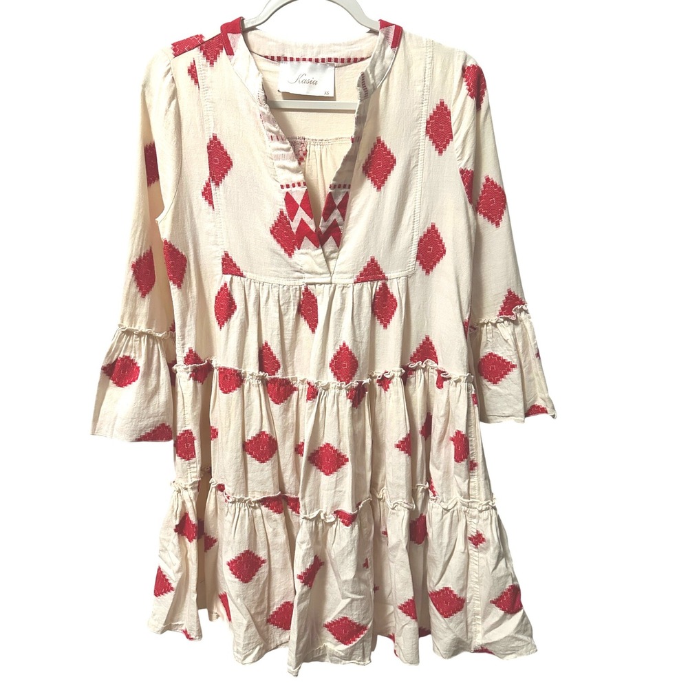 Kasia Embroidered Diamond Tiered Mini Dress Red Cream Women's XS Boho